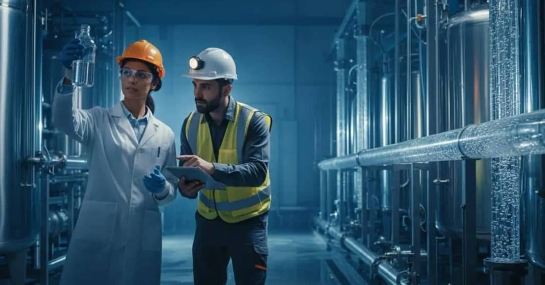 Environmental engineers inspecting a treated water sample at a treatment plant
