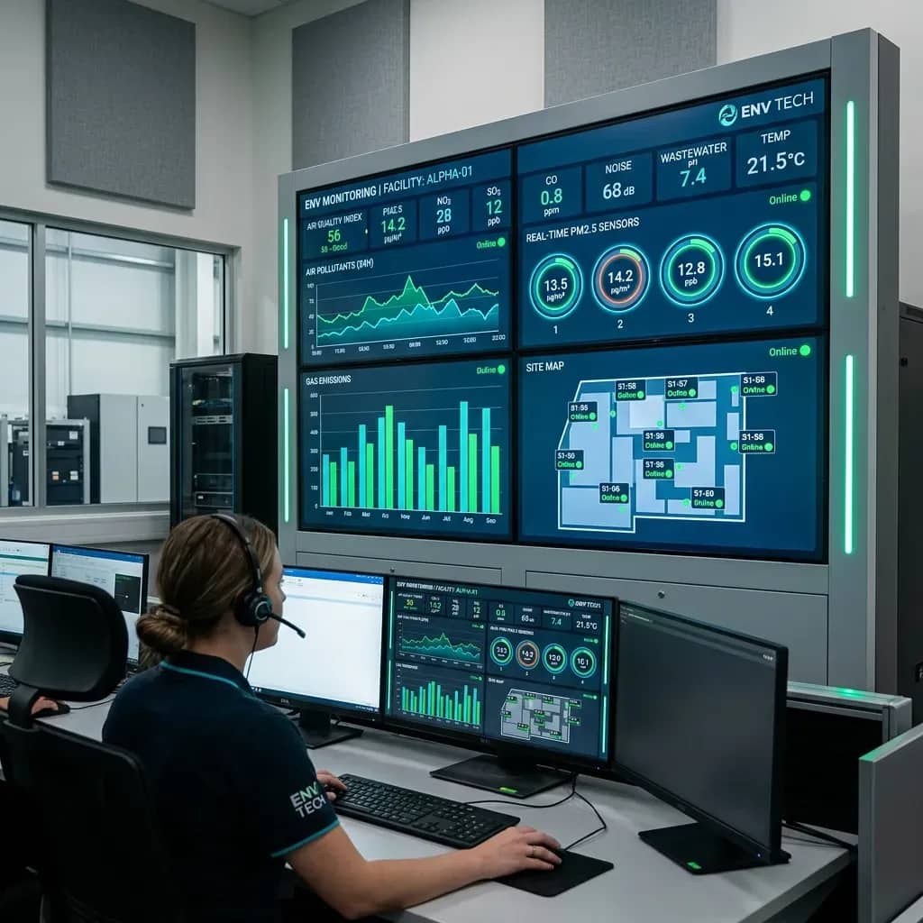 Operator watching online environmental monitoring dashboards in a control room